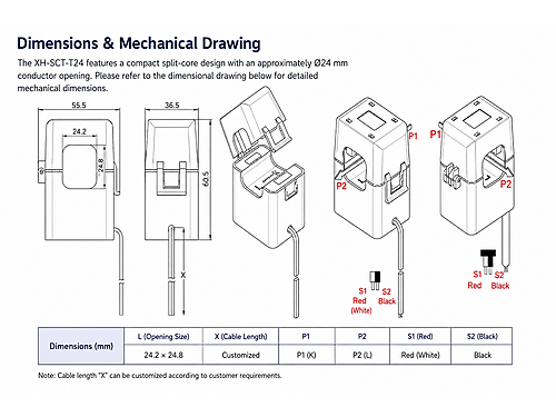 XH-SCT-T24 300A/5A split core current transformer dimensions and 24mm opening
