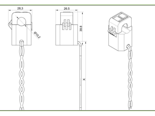 XH-SCT-T10 70A/333mV split core current transformer dimensions 28.3 × 26.5 × 39.8 mm with 10.2 mm opening