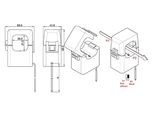 XH-SCT-T36 500A/5A split core current transformer dimensions and 36mm opening