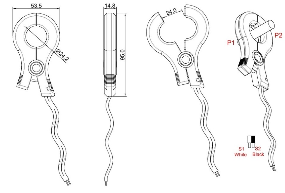XH-SCT-S24 clamp-on split core current transformer dimension drawing, technical outline size diagram
